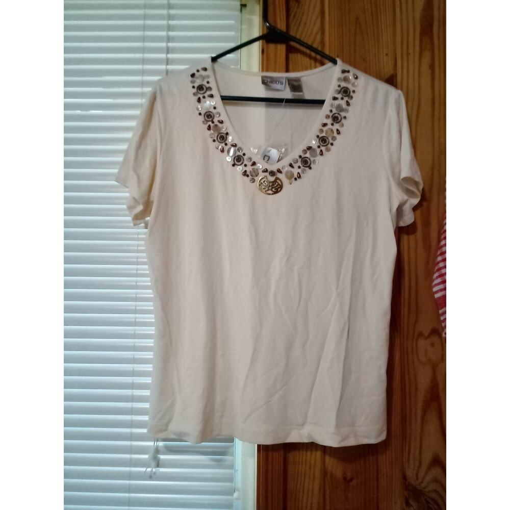 New Chicos Women's Sz 2 Short Sleeve Beaded Accents Ivory Top